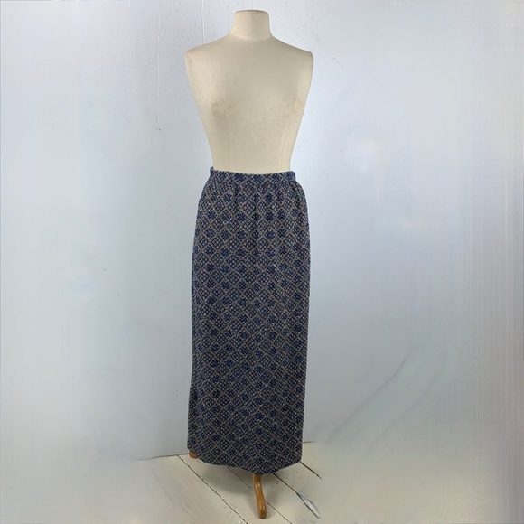 Vintage 1970s Maxi Skirt 9-10 Blue Wool Blend Tweed Diamonds Back Slit 25 Waist - Picture 1 of 11